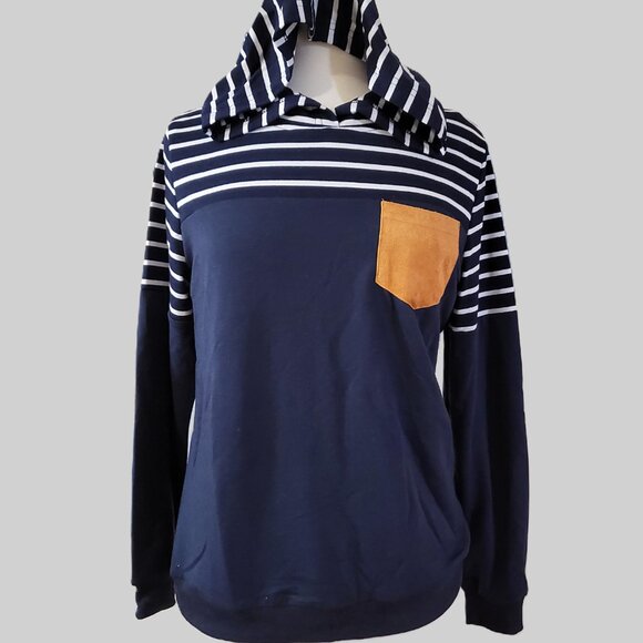 Pat Pat Blue and white Knit Sleeve Hoodie Pullover V Neck Sweatshirt Women S - Picture 2 of 6